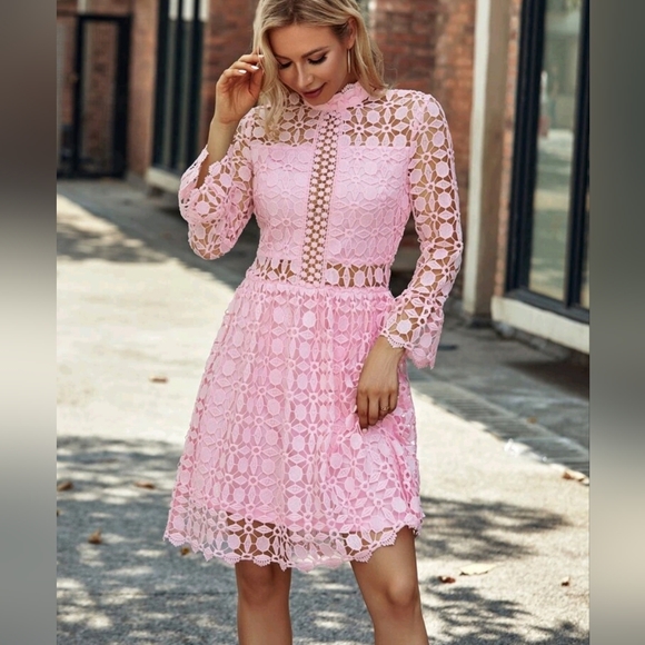 NEW Chic Embroidered Sheer Lace High Neck Party Dress Light Pink - Picture 4 of 8